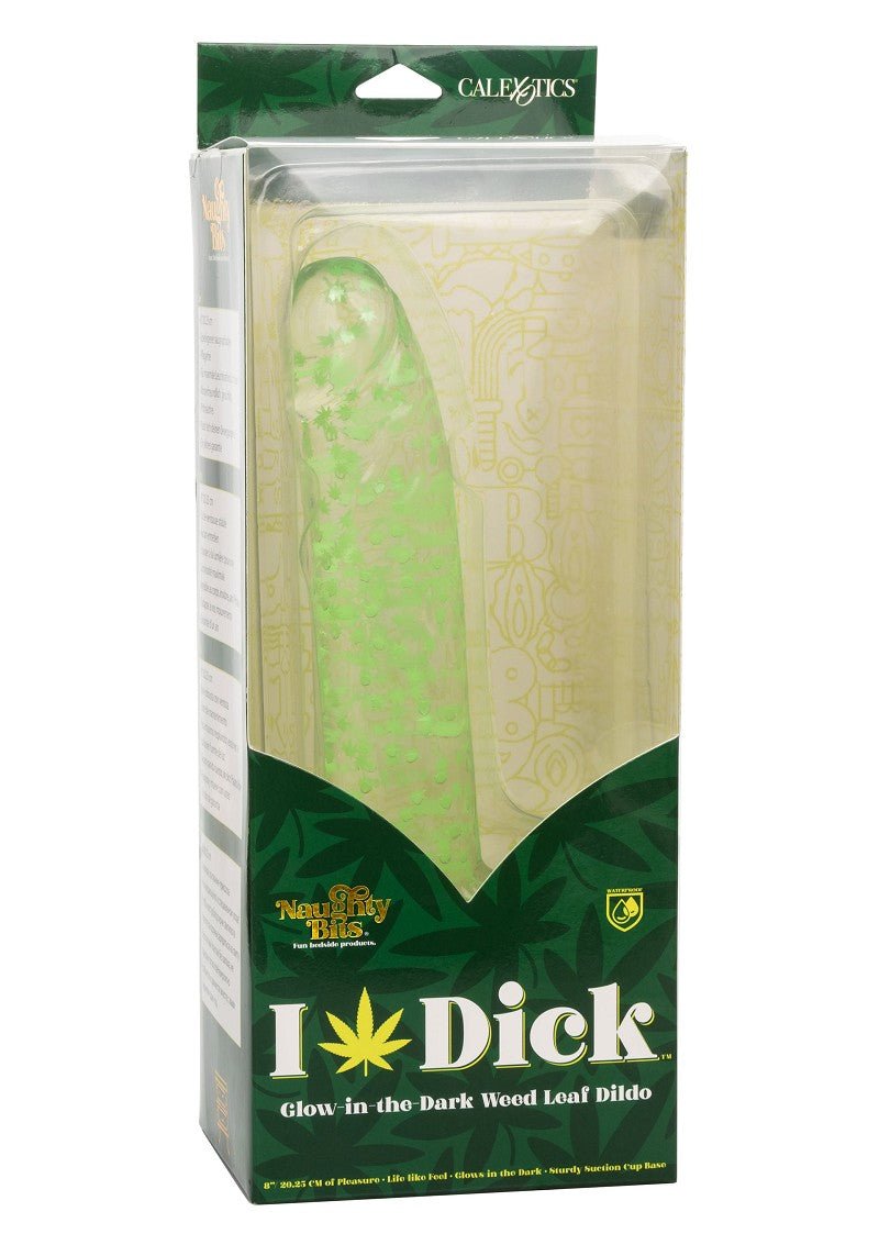 CalExotics Naughty Bits I Leaf Dick Glow-In-The-Dark Wietblad Dildo in verpakking - Erolanya